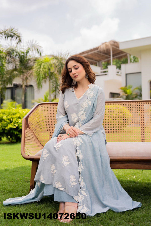 Embroidered Malmal Chanderi Kurti With Pant And Dupatta-ISKWSU14072650