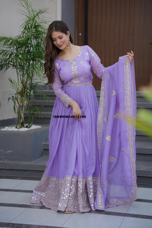 Embroidered Crush Georgette Gown With Embroidered Dupatta-ISKWGN14072199