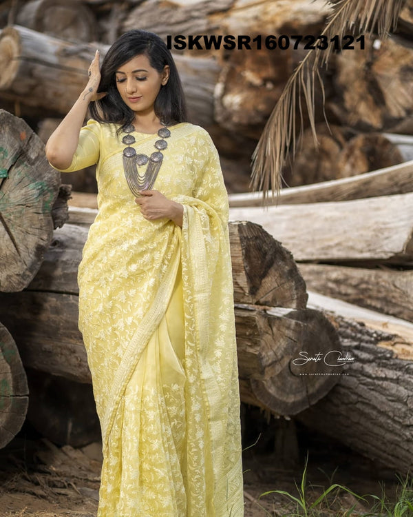 Chikankari Organza Saree With Blouse-ISKWSR160723121