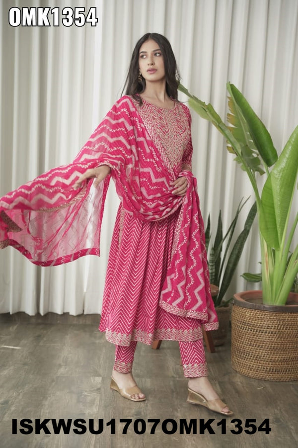 Embroidered Rayon Naira Cut Kurti With Pant And Chiffon Dupatta-ISKWSU1707OMK1354