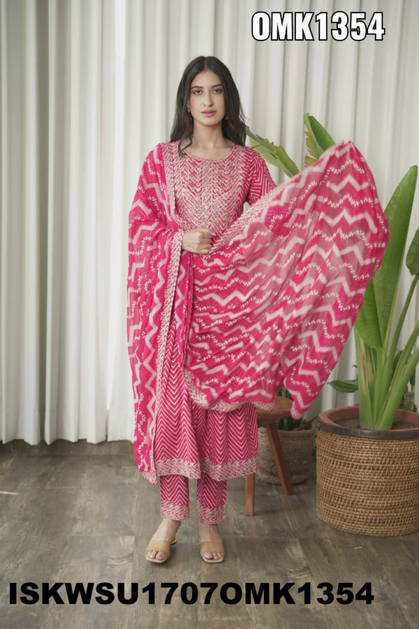 Embroidered Rayon Naira Cut Kurti With Pant And Chiffon Dupatta-ISKWSU1707OMK1354