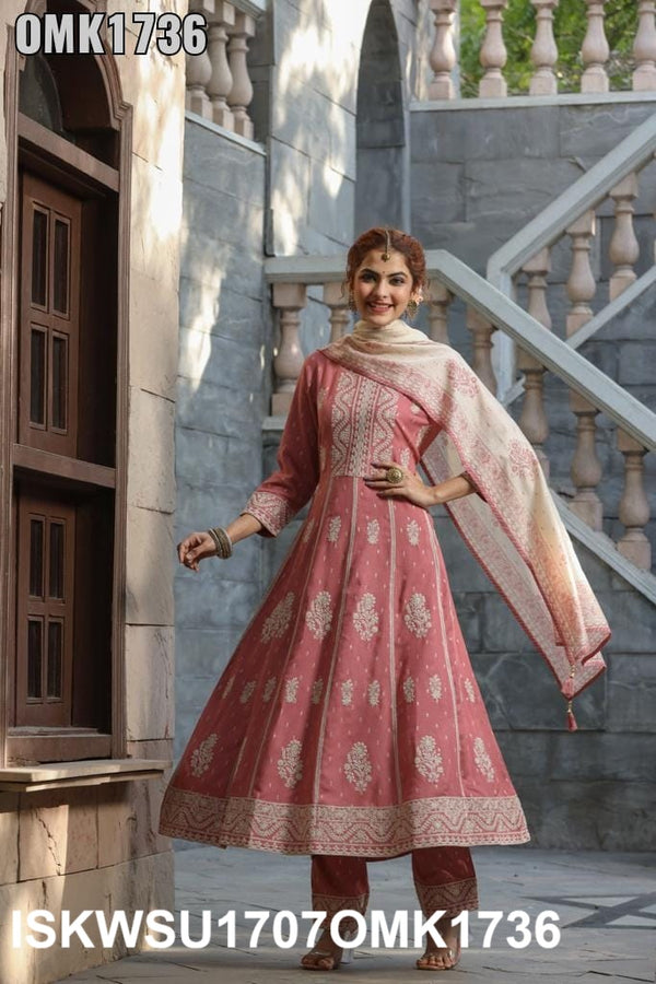 Embroidered Rayon Anarkali Kurti With Pant And Printed Dupatta-ISKWSU1707OMK1736