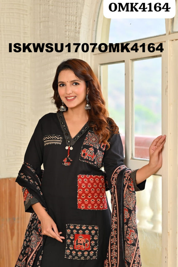 Cotton Kurti With Ajrakh Printed Afghani Pant And Dupatta-ISKWSU1707OMK4164
