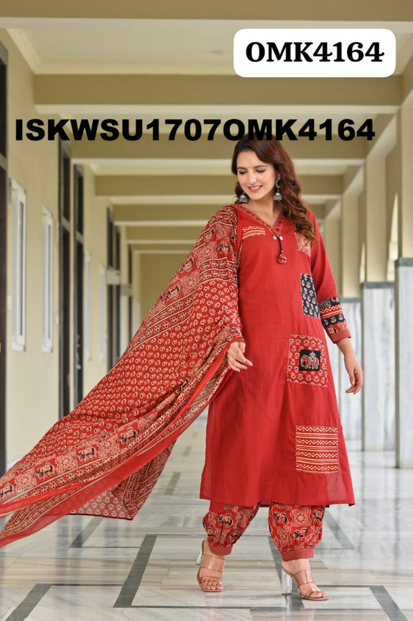 Cotton Kurti With Ajrakh Printed Afghani Pant And Dupatta-ISKWSU1707OMK4164