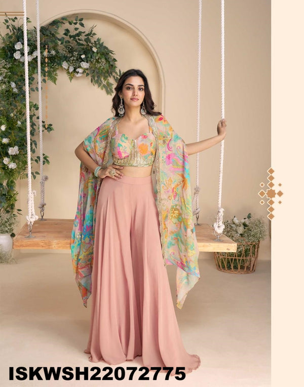 Embroidered Chinon Silk Crop Top With Sharara And Shrug-ISKWSH21072775
