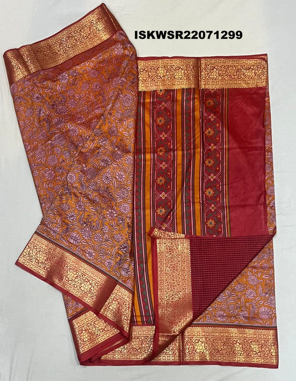 Digital Kalamkari Printed Silk Saree With Contrast Blouse-ISKWSR22071299