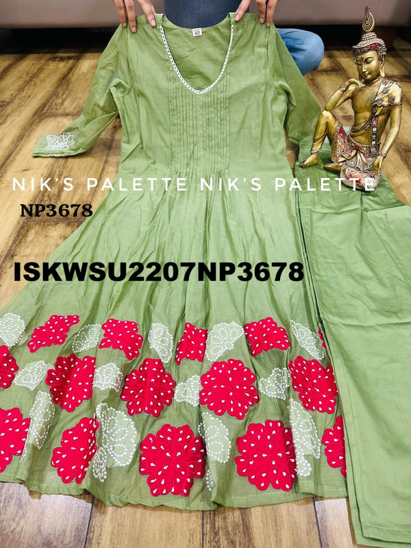 Embroidered Malmal Chanderi A-Line Kurti With Cotton Pant And Dupatta-ISKWSU2207NP3678