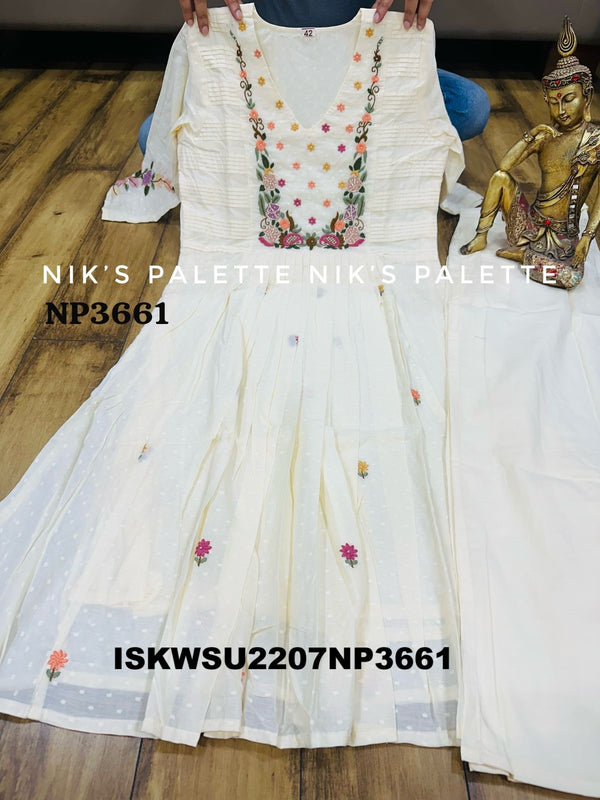 Self Weaved Malmal Cotton A-Line Kurti With Cotton Pant And Hand Printed Chiffon Dupatta-ISKWSU2207NP3661