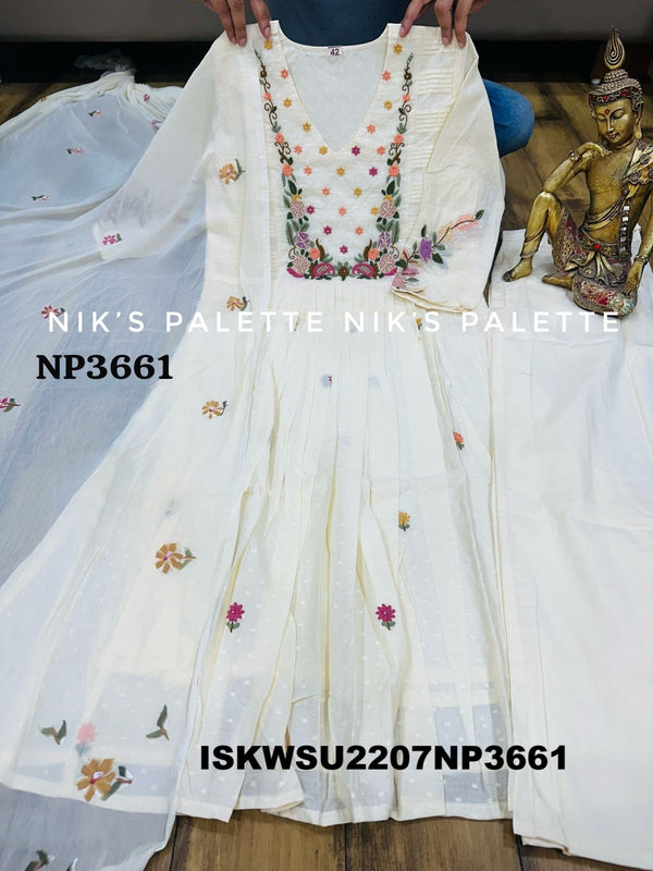 Self Weaved Malmal Cotton A-Line Kurti With Cotton Pant And Hand Printed Chiffon Dupatta-ISKWSU2207NP3661