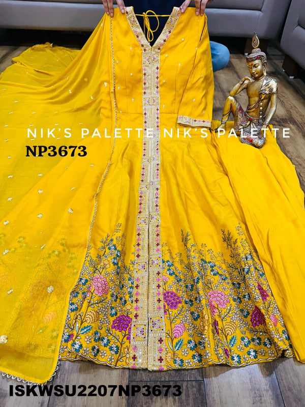 Embroidered Maslin Silk Front Slit Anarkali Kurti With Pant And Chiffon Dupatta-ISKWSU2207NP3673