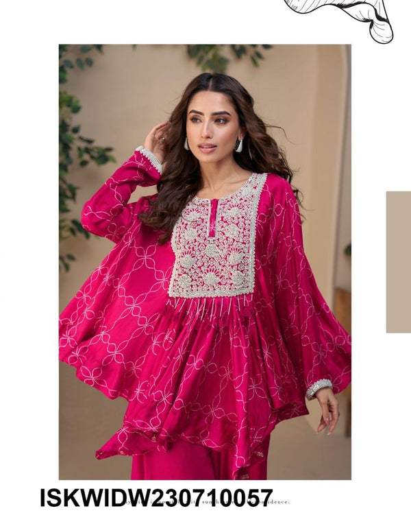 Printed Chinon Poncho Top With Palazzo-ISKWIDW230710057