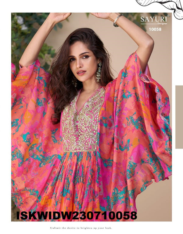 Printed Chinon Poncho Top With Palazzo-ISKWIDW230710058