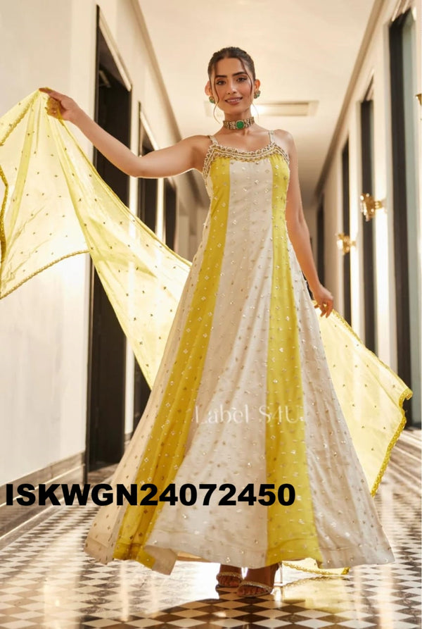 Embroidered Silk Gown With Organza Dupatta-ISKWGN24072450