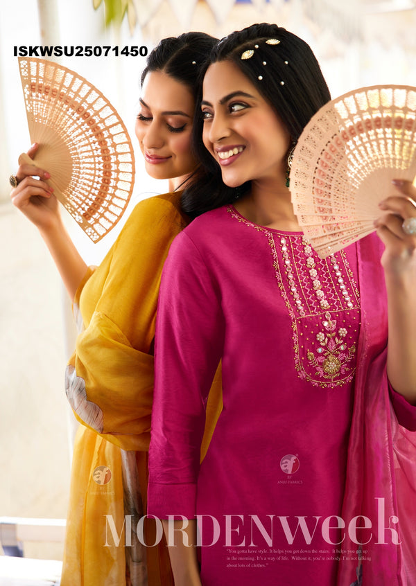 Embroidered Modal Silk Kurti With Pant And Digital Printed Organza Dupatta-ISKWSU25071450