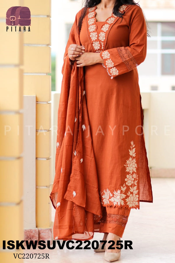 Embroidered Cotton Kurti With Pant And Dupatta-ISKWSUVC220725R