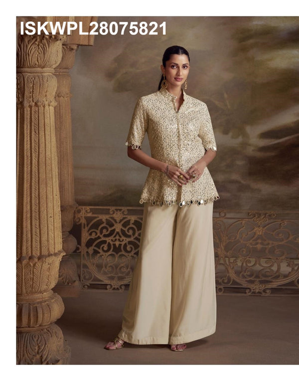 Embroidered Georgette Top With Palazzo-ISKWPL28075821