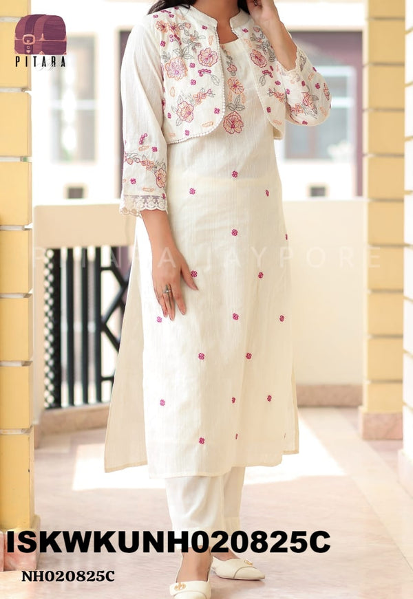 Embroidered Dobby Cotton Kurti With Pant And Detachable Jacket-ISKWKUNH020825C