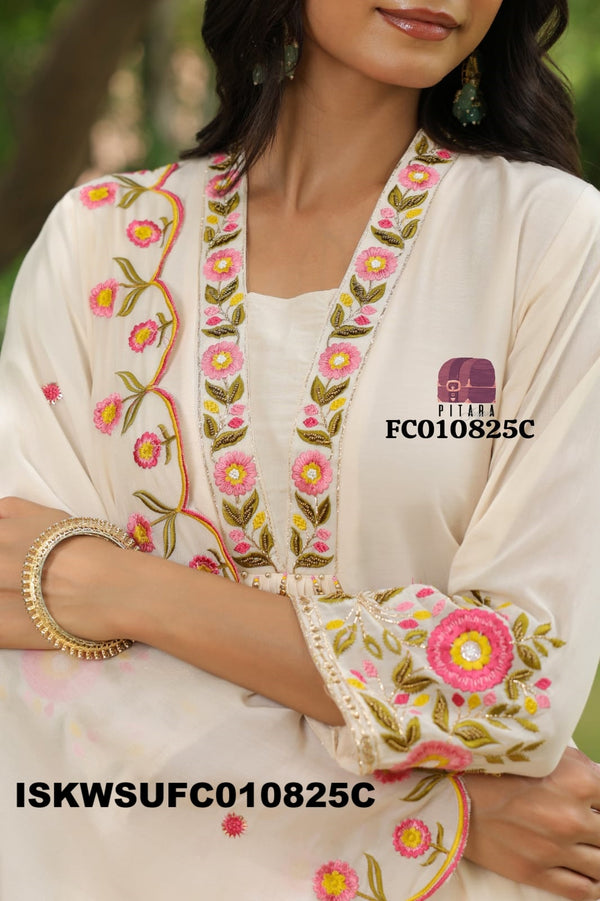 Embroidered Malmal Chanderi Kurti With Silk Pant And Dupatta-ISKWSUFC010825C/FC010825T