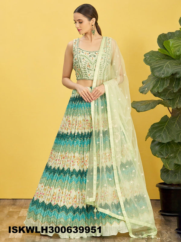 Printed Chinon Pleated Lehenga With Blouse And Net Dupatta-ISKWLH300639951