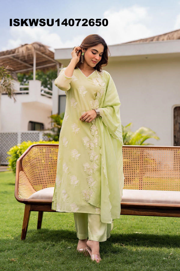 Embroidered Malmal Chanderi Kurti With Pant And Dupatta-ISKWSU14072650