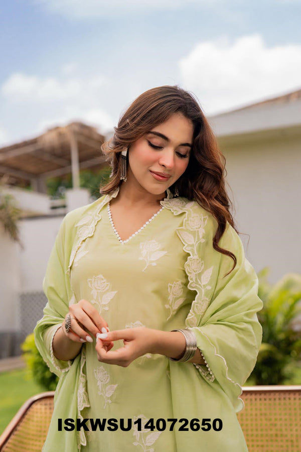 Embroidered Malmal Chanderi Kurti With Pant And Dupatta-ISKWSU14072650