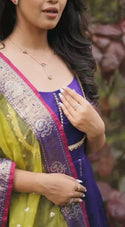 Embroidered Banarasi Silk Gown With Organza Dupatta-ISKWGN1504BK762N