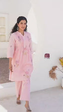Printed Malmal Cotton Kurti With Pant-ISKWKUSM100325G/SM100325PSM100325W