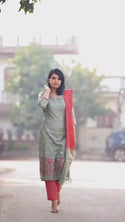 Handloom Weaved Cotton Silk Kurti With Pant And Dupatta-ISKWSU2003PPC/D1843