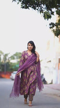 Ajrakh Printed Cotton Anarkali Kurti With Striped Pant And Kota Doriya Dupatta-ISKWSU1004PPC/D1896