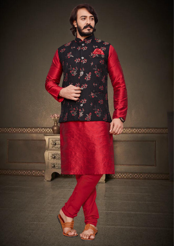 Art Silk Kurta With Pajama And Nehru Jacquard Jacket