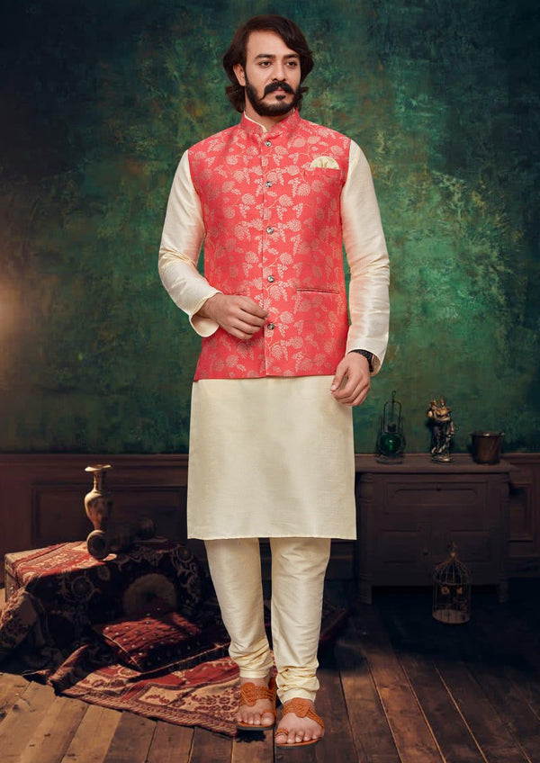 Art Silk Kurta With Pajama And Jacquard Nehru Jacket