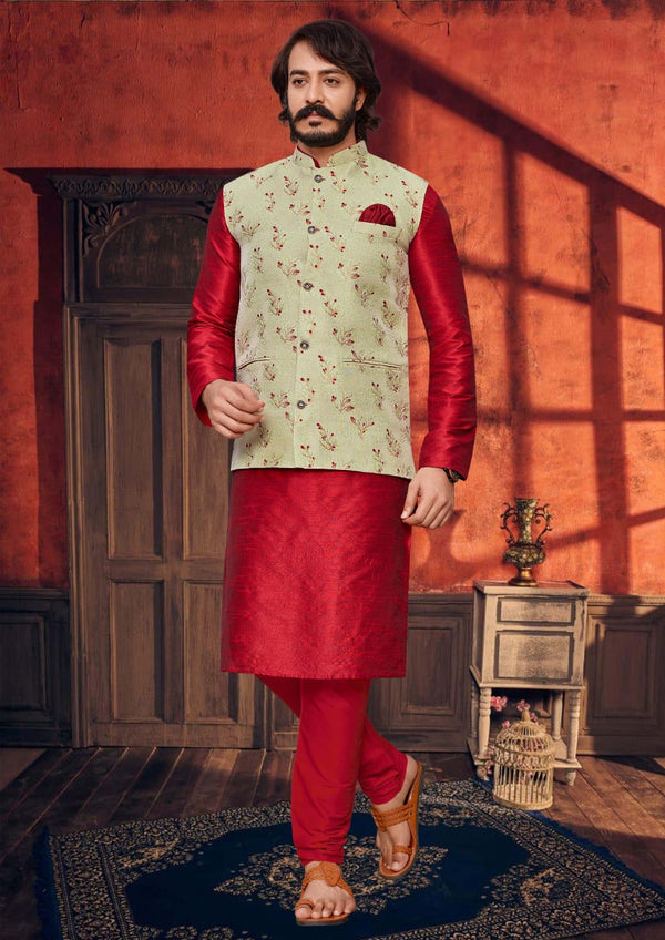 Art Silk Kurta With Pajama And Jacquard Nehru Jacket
