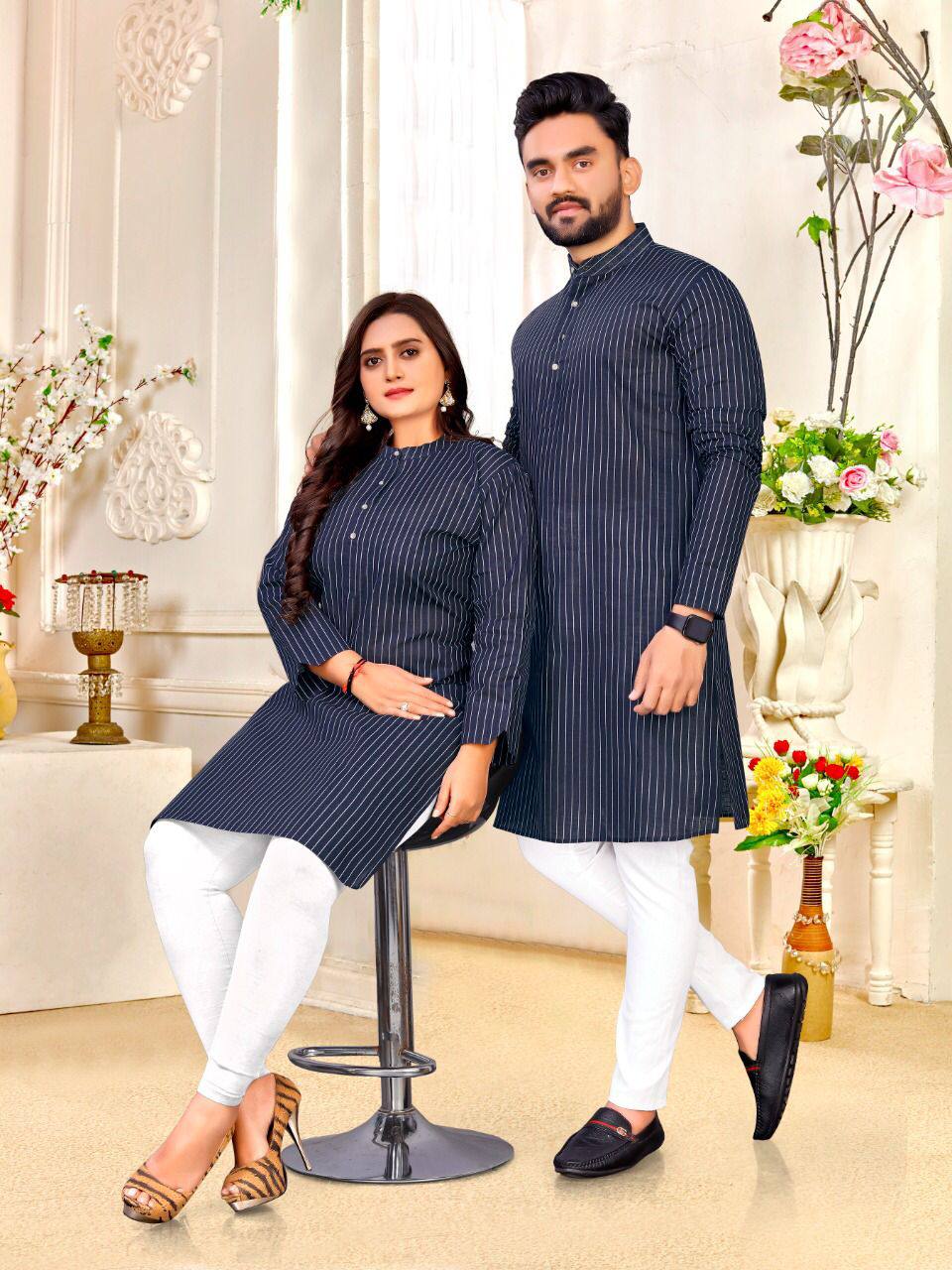 Buy Sclout Royal Couple Matching Jacquard Silk Sequence Butti Work Kurta  Pajama & Kurti Pant with Dupatta Set Green at Amazon.in