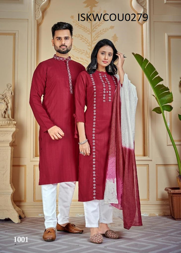 Beautiful Couple wear Red Men Kurta Pajama and Women Kurti Pant Dupatt –  mahezon