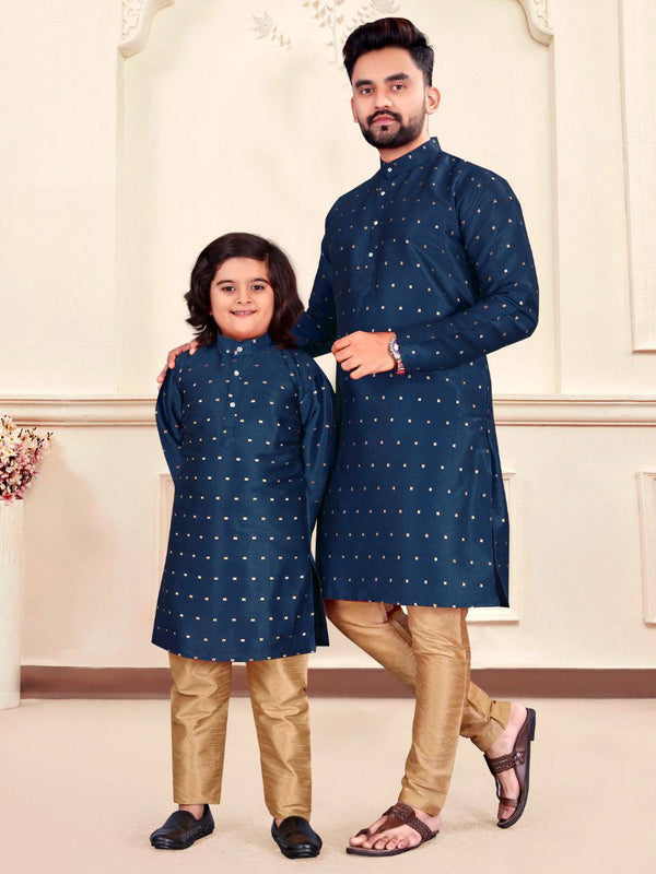 Men's And Kid's Silk Jacquard Kurta With Pajama