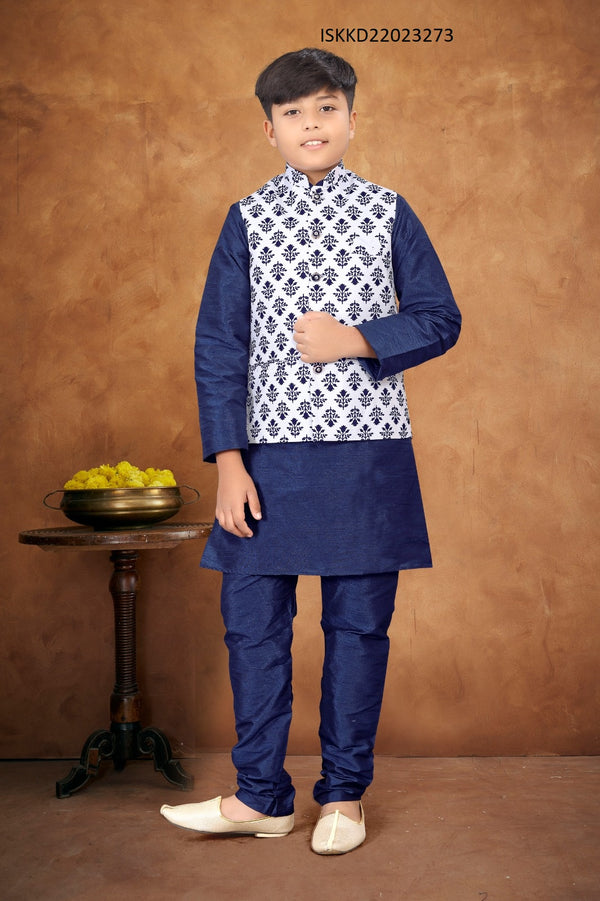 Kid's Silk Kurta With Pajama And Nehru Jacket-ISKKD22023273