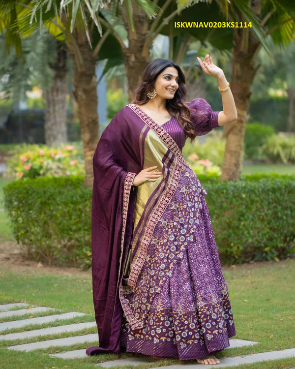 Digital Printed Butter Silk Lehenga With Blouse And Dupatta-ISKWNAV0203KS1114