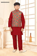 Kid's Silk Kurta With Pajama And Nehru Jacket-ISKKD02033329