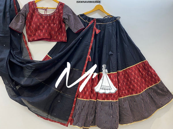 Ajrakh Block Printed Cotton Lehenga With Blouse And Dupatta-ISKWNAV09033569