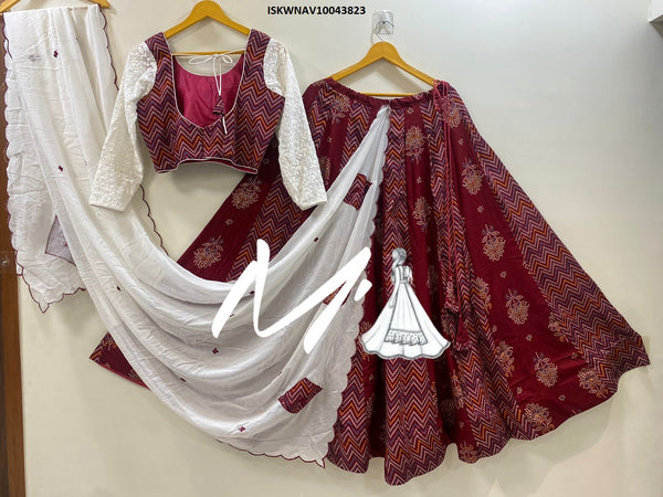 Printed Cotton Lehenga With Blouse And Dupatta-ISKWNAV10043823