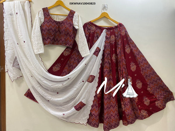 Printed Cotton Lehenga With Blouse And Dupatta-ISKWNAV10043823